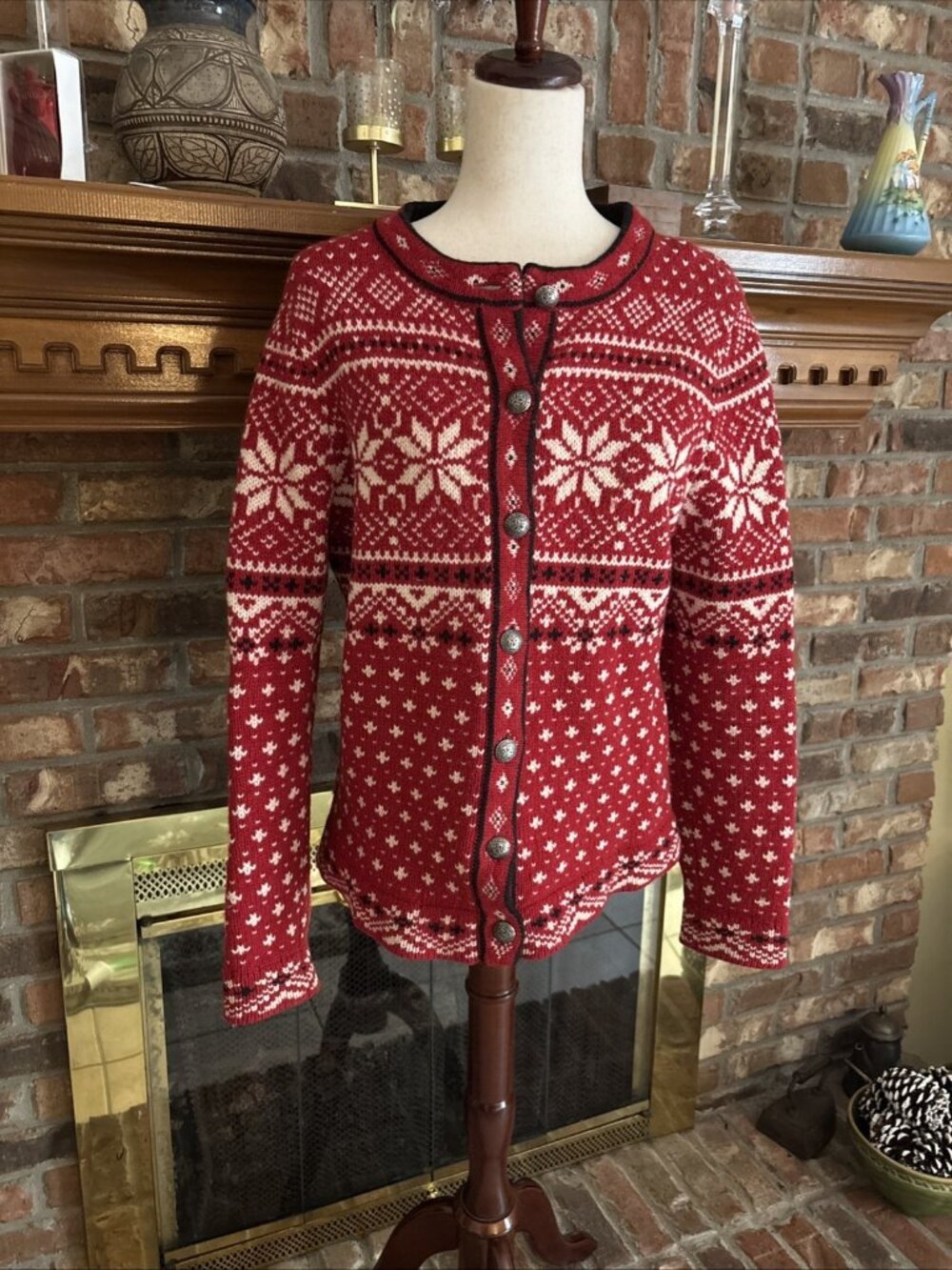 LL Bean Sweater Womens Medium  100% Wool Cardigan Nordic Fair Isle Snowflake - Picture 2 of 6
